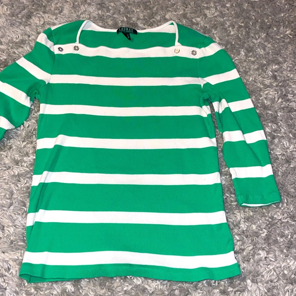 Lauren Ralph Top Large Green White Striped 3/4 Sleeves Casual Square Sz L